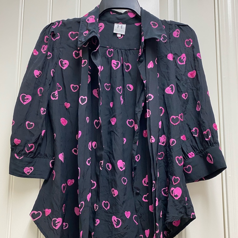 Halston Pink Black Heart Sequin blouse button up